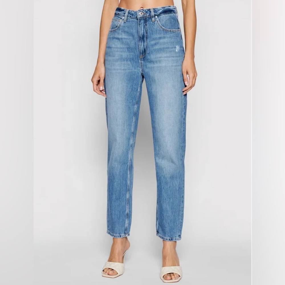 GUESS High-Rise Mom Jeans 30x27 Distressed Stairway Blue/ White - Picture 2 of 8